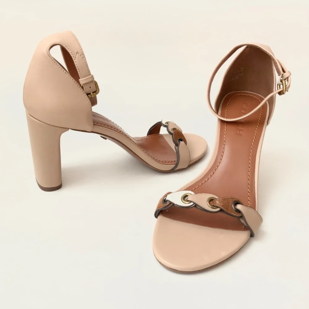 Coach Link Nude Beige Leather Block Heel Ankle Strap Sandals Dress Shoes 8.5